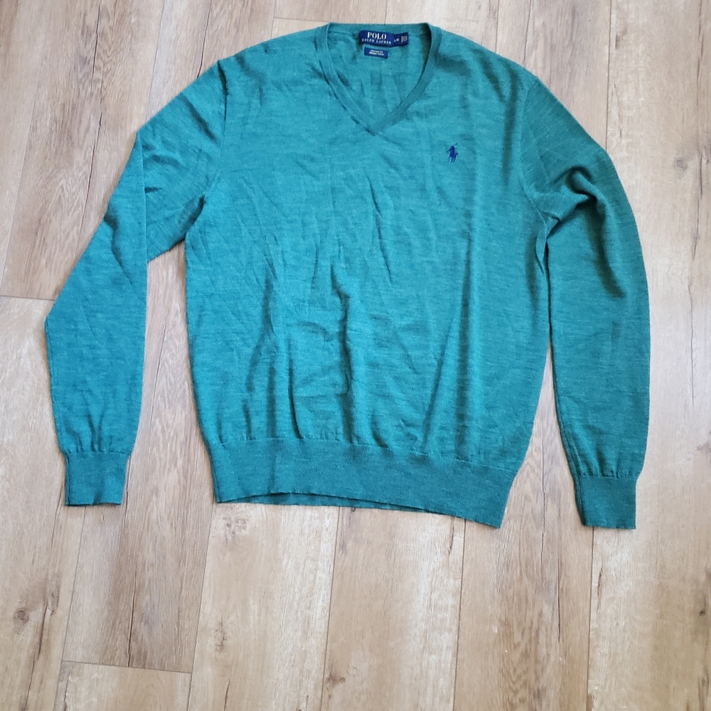 Polo Ralph Lauren Merino Wool Custom Fit Sweater V neck Pullover Sz L Green